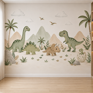 Papel de Parede Mundo dos Dinossauros – Tons Verde e Bege