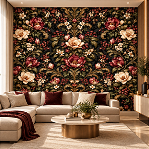 Papel de Parede Floral Barroco Vintage Fundo Preto Luxuoso Sala - Quarto - Lavabo