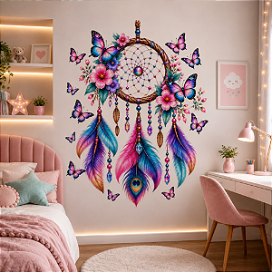 Papel de Parede Adesivo Infantil Filtro dos Sonhos com Borboletas Coloridas Flores e Penas para Quarto de Feminino