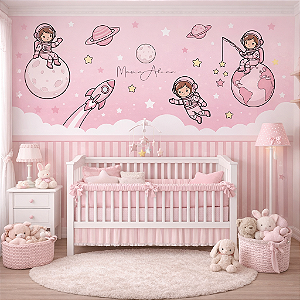 Papel De Parede Feminino Astronauta Com Ripado Adesivo Rosa