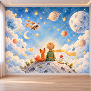 Papel de Parede Infantil Pequeno Príncipe Aquarela – Céu Estrelado, Planetas e Raposinha para Quarto de Bebê