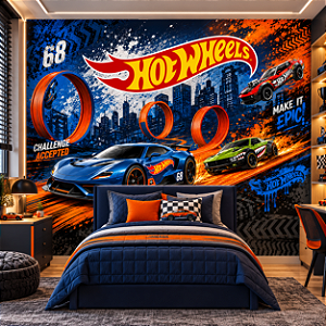 Papel de Parede Infantil Hot Wheels Carros de Corrida – Pista Radical 3D Azul e Laranja para Quarto Menino