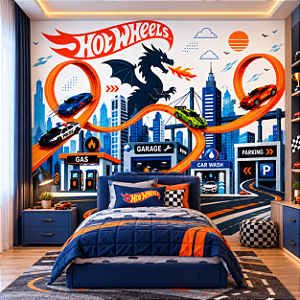 Papel de Parede Infantil Hot Wheels com Dragão e Pista de Corrida 3D – Carros Esportivos para Quarto de Menino