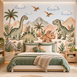Papel de Parede Infantil Dinossauros Baby Aquarela Safari Jurássico Adesivo para Quarto de Bebê e Criança