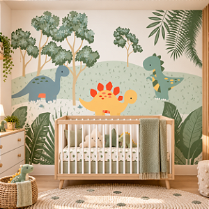 Papel de Parede Infantil Dinossauros Baby Floresta Verde Safari Adesivo para Quarto de Bebê e Criança