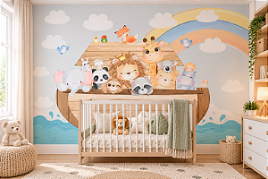 Papel de Parede Infantil Arca de Noé Safari Baby com Animais e Arco-Íris Adesivo para Quarto de Bebê e Criança