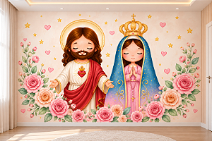 Papel de Parede Infantil Jesus Sagrado Coração e Nossa Senhora Aparecida Aquarela com Flores para Quarto de Bebê