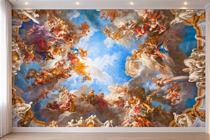 Papel de Parede Adesivo Arte Clássica Barroca Céu com Anjos e Nuvens Decoração Luxuosa Sala Quarto e Teto