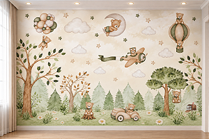 Papel de Parede Infantil Adesivo Ursinhos Aviadores Aquarela Floresta Encantada Balões Verde Sálvia Quarto de Bebê