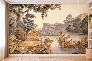 Papel de Parede Infantil Adesivo Safari Vintage Girafas Floresta Tropical Aquarela Tons Bege e Sépia Quarto de Bebê