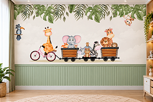 Papel de Parede Infantil Adesivo Safari Baby Bichinhos no Trenzinho Girafa Elefante Leão Aquarela com Ripado Verde Quarto de Bebê