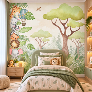 Papel de Parede Infantil Adesivo Safari Baby Bichinhos da Floresta Aquarela Girafa Leão Elefante com Árvores Verde Quarto de Bebê