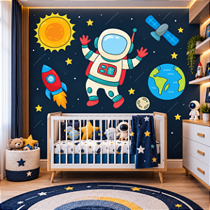 Papel de Parede Infantil Adesivo Astronauta no Espaço Foguete Planetas Estrelas Universo Azul Marinho Quarto de Bebê e Menino