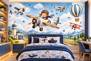 Papel de Parede Infantil Adesivo Aviador Menino no Avião Vintage Aquarela Céu Nuvens Balões Aeroporto Quarto de Bebê e Criança