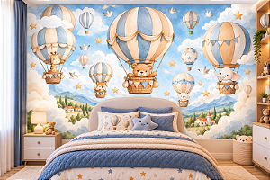 Papel de Parede Infantil Adesivo Balões no Céu com Ursinho Girafa Elefante Raposa e Coelhinho Aquarela Quarto de Bebê