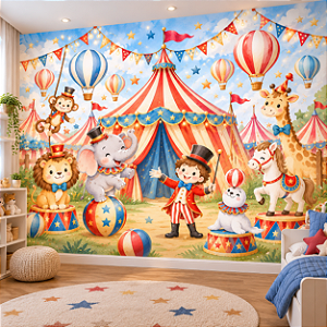 Papel de Parede Infantil Circo Encantado Aquarela com Animais Balões e Tenda para Quarto de Bebê