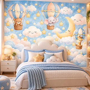 Papel de Parede Infantil Nuvens e Balões Aquarela com Ursinho, Elefantinho, Girafa, Lua e Estrelas para Quarto de Bebê