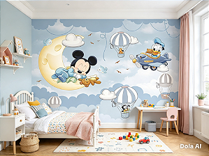 Papel de Parede Infantil Turma do Mickey Mouse com Minnie, Pateta, Donald e Pluto para Decoração de Quarto de Bebê e Criança