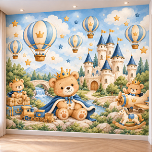 Papel de Parede Infantil Príncipe Urso Aquarela com Ursinhos, Castelo, Coroas e Balões para Quarto de Bebê Menino