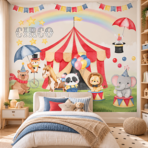 Papel de Parede Infantil Circo Encantado Aquarela com Animais, Tenda, Arco-Íris e Balões para Quarto de Bebê