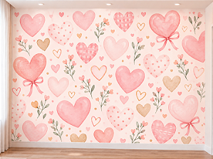 Papel de Parede Infantil Feminino Corações Rosa Aquarela com Laços e Flores Delicadas para Quarto de Menina e Bebê