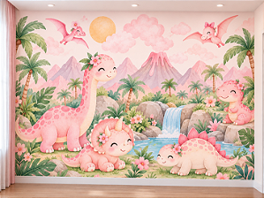 Papel de Parede Infantil Dinossauros Rosa Aquarela Feminino com Flores e Floresta para Quarto de Bebê e Menina