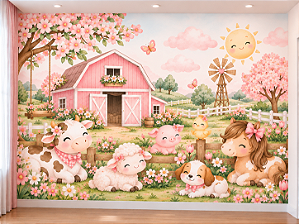 Papel de Parede Infantil Fazendinha Rosa Feminina Aquarela com Vaquinha, Cavalinho, Ovelha e Flores para Quarto de Bebê e Menina