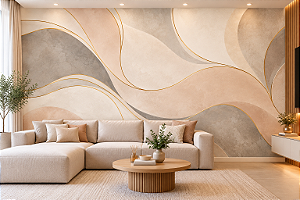 Papel de Parede Adesivo Abstrato Moderno Luxo Bege com Dourado Formas Orgânicas para Sala Quarto Decoração Sofisticada