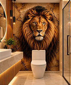 Papel de Parede Adesivo Leão Majestoso Realista 3D Dourado Fundo Pedra Rachada Luxo para Sala Quarto Banheiro Decoração Moderna