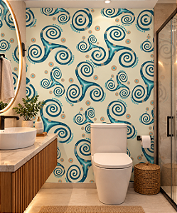 Papel de Parede Adesivo Abstrato Espirais Azul Turquesa e Bege Moderno para Banheiro Lavabo Sala e Quarto Decoração