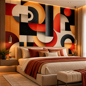 Papel de Parede Adesivo Abstrato Geométrico Moderno Vermelho Terracota Preto e Bege para Sala e Quarto