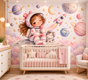 Papel de Parede Infantil Astronauta Menina Aquarela Rosa Espaço Sideral Planetas Estrelas Foguete e Gatinho para Quarto de Bebê Feminino Autoadesivo
