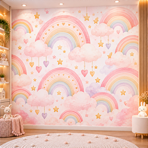 Papel de Parede Infantil Arco-Íris Feminino Rosa Aquarela Nuvens Estrelas e Corações para Quarto de Bebê Menina Autoadesivo