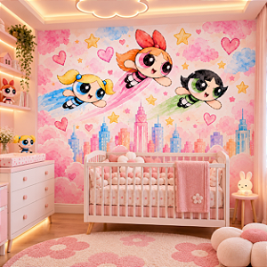 Papel de Parede Infantil Meninas Superpoderosas Aquarela Rosa Autoadesivo Decoração Quarto de Menina