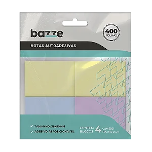 Notas Autoadesivas - 38mm X 50mm - Polybag C/4 Blocos x 100 Folhas - Bazze