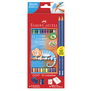 Ecolápis de Cor Faber-Castell Bicolor Kit Escolar 24 Cores + 1 Apontador + 1 Borracha