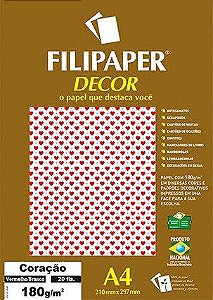 Filipaper DECOR A4 20 Folhas 180g/m² Coração Vermelho Branco -Filiperson