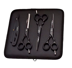 Kit 3 Tesouras Profissionais 6.0 Fio Laser + Fio Navalha + Desfiadeira + Navalhete + Capinha (Preto)
