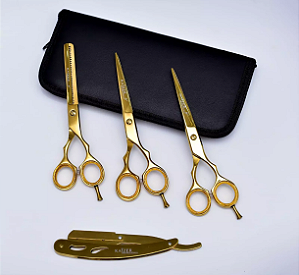 Kit 3 Tesouras Profissionais 6.0 Fio Laser + Fio Navalha + Desfiadeira + Navalhete + Capinha (Dourado)