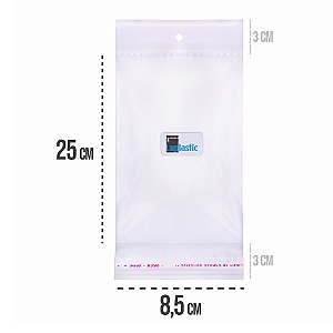 Saco Adesivado 8,5x25 com Solapa e Furo Para Pendurar Plástico BOPP Transparente