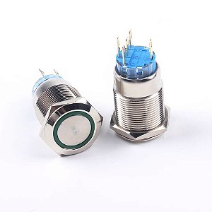 Botão Pulso 19mm LED Verde 12/24v Sem Trava Símbolo RING