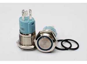 Botão Liga Desliga 16mm LED Azul 12/24v Com Trava Símbolo RING