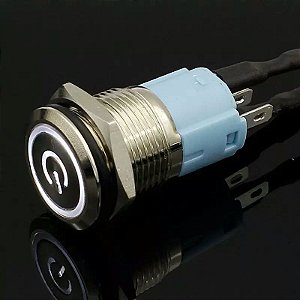 Botão Liga Desliga 16mm LED Branco 12/24v Com Trava ( Retenção ) Símbolo POWER