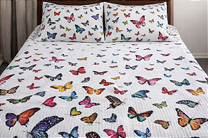 Cobre Leito Piquet Borboletas com 2 Porta Travesseiros