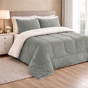 Coberdrom Sherpa e Manta Flannel QUEEN - Cinza
