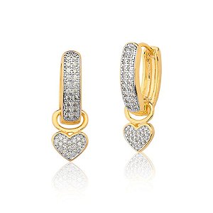 Brinco argola oval cravejada com pingente de coração 2 em 1 ANTIALÉRGICO