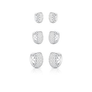 Trio de argolas largas e cravejadas ANTIALÉRGICAS