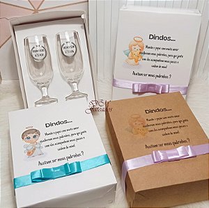 2 Taças Cerveja Com Caixa Convite Padrinhos Dindos Batismo
