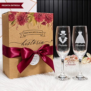 Caixa + 2 Taças Champanhe Vidro Padrinho/Madrinha/Batismo