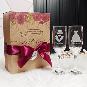 Caixa + 2 Taças Champanhe Vidro Padrinho/Madrinha/Batismo